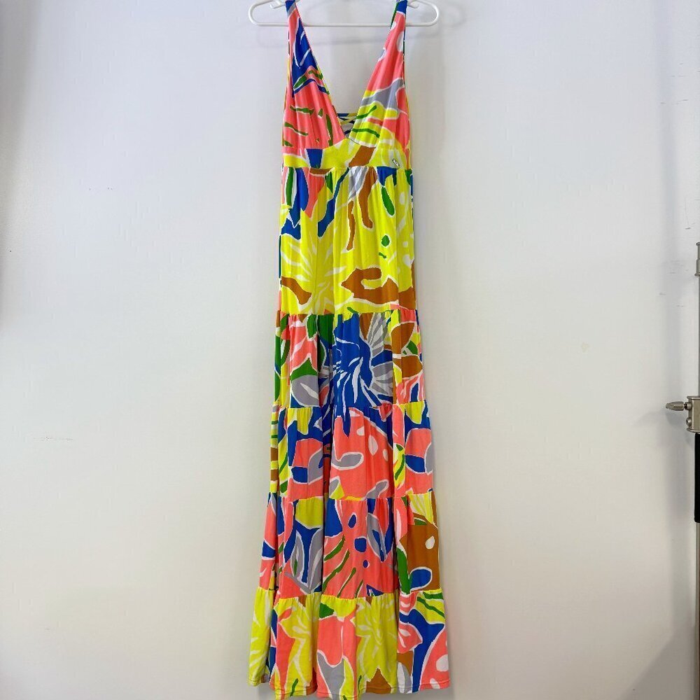 Maaji Marea Pink, Yellow, Blue Neon Deep Plunge Tiered Maxi Dress - Picture 2 of 6